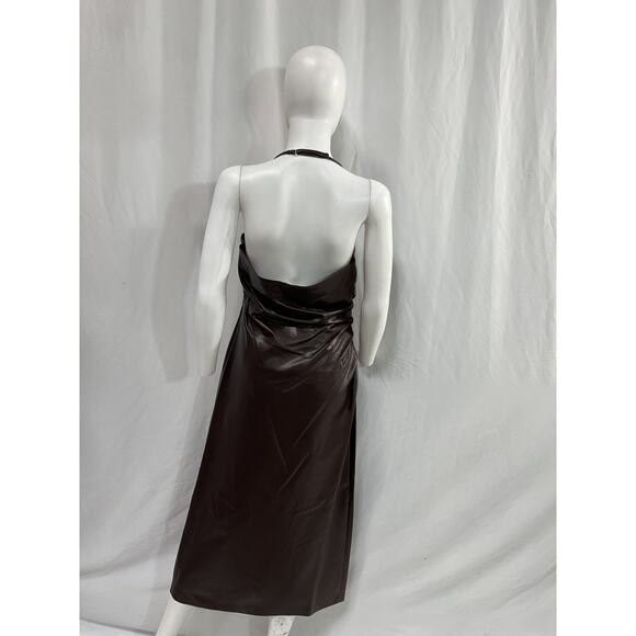 A.L.C. 'Charlotte' Brown Faux-Leather Halter Sleeveless Midi Dress Size 10 - Picture 3 of 5